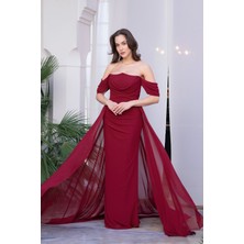 Lafaba Kadın Bordo Kayık Yaka Kuyruklu Uzun Şifon Abiye Elbise