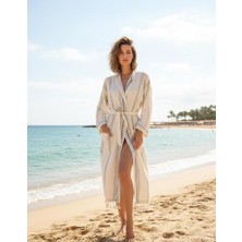 Monochrome Bornoz Sabahlık Kimono % 100 Pamuk Kara Tezgah El Dokuma-Ekru