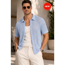 SiFu Tekstil Erkek Polo Yaka Ajurlu Triko Tişört Yazlık Örgü Düğmeli Modern Triko