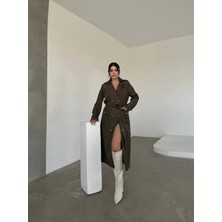 Kuşaklı Uzun Haki Trençkot – Düğmeli, Yırtmaç Detaylı