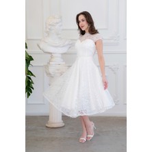 Lafaba Kadın Beyaz Kısa Kollu Payetli Midi Kloş Söz Nişan Nikah Abiye Elbise