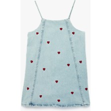 Koton Denim Jile Elbise 3 - 4 Yaş Kız Çocuklar İçin Kare Yaka ve Kalp Deseniyle Şık Stil