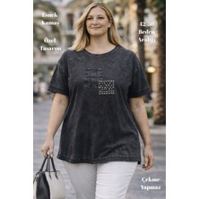 XCEDY Cedy - Kadın Özel Tasarım Esnek, Pul Payet, Dantel Detaylı Yıkamalı Büyük Beden Tişört