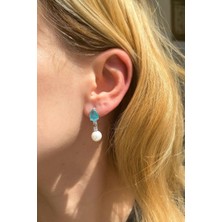 Spossy Silver Jewelry Damla Paraiba Taşlı Sallantılı Incili Küpe