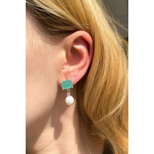 Spossy Silver Jewelry Dikdörtgen Paraiba Taşlı Incili Küpe