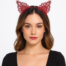Dantelli Kırmızı Kedi Tacı - Vintage Tarz Dantel Kedi Kulak