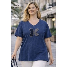 XCEDY Cedy - Kadın Özel Tasarım Esnek, Pul Payet, Dantel Detaylı Yıkamalı V Yaka Büyük Beden Tişört