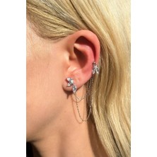 Spossy Silver Jewelry 2li, Sallantılı Taşlı Zincir Küpe