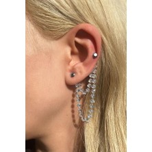 Spossy Silver Jewelry Tekli, Taşlı Zincir Küpe