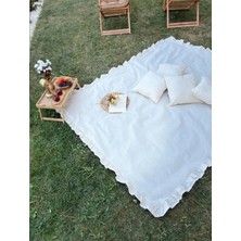 Nurgita Home %100 Pamuk Ham Keten Fırfırlı Yer Masa Piknik Örtüsü Sofra Bezi (160 x 220) , 4 Minder (40 x 40) Set