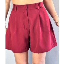 Gönülden Tasarım Bordo Pileli Yüksek Bel Kadın Viskon Cepli Şort