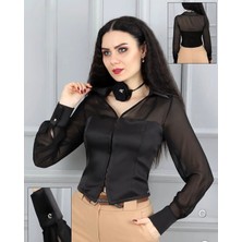 Uzun Kollu Tül Detaylı Crop Bluz