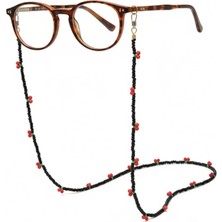 OptiPoint Siyah Boncuk Kirazlı Gözlük İpi Siyah Renkli Zarif Desenli Kadın ve Kızlar İçin