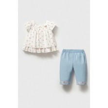 Cantoy Gül Desenli Grogren Detaylı Bluz ve Nakışlı Jean Takım