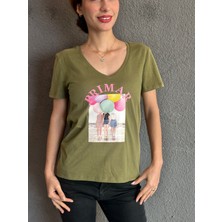 Gönülden Tasarım Balon Baskılı Yeşil Kadın Tişört S Beden