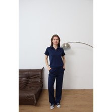 Qimya Butik Şans Life Kadın Önü Taşlı Polo Yaka Kısa Kol Penye Bluz ve Beli Lastikli Ribanalı Pantolonlu Alt Üst Ikili Takım