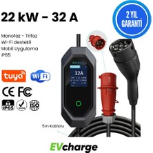 Evcharge 22 Kw Elektrikli Araç Taşınabilir Şarj Istasyonu 32A Tip-2 5X32A 5 mt Tip2(Mobil Uygulama)