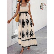 Mareandpanda Kadın Askılı Kare Yaka Gipe Detaylı Desenli Suprem Elbise