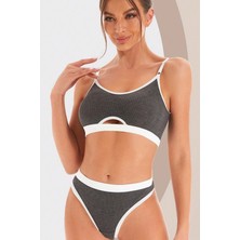 E-Bulurum Kadın Gri Antrasit Kaşkorse ve Beyaz Lastikli Cut-Out Tanga Külotlu Takım