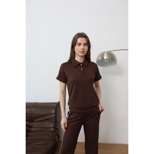 Qimya Butik Şans Life Kadın Önü Taşlı Polo Yaka Kısa Kol Penye Bluz ve Beli Lastikli Ribanalı Pantolonlu Alt Üst Ikili Takım