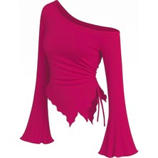 E-Bulurum Kadın Fuşya Uzun Ispanyol Kollu Asimetirik Yaka Yandan Bağlamalı Drapeli Bluz