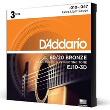 D'addario EJ10-3D Akustik Gitar Tel Seti 3'lü Paket 10-47 80/20 Bronze Extra Light