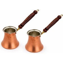 Copper Empire 2’li Bakır Cezve Seti Ahşap Saplı Türk Kahvesi Cezvesi 9x8 cm