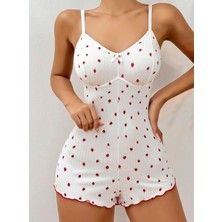 E-Bulurum Kadın Beyaz Çilek Baskılı Pijama Tulumu