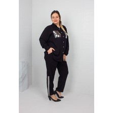 Truva Xxl Siyah Pul Işlemeli Dokuma Viskon Gömlek Pantolon Takımı