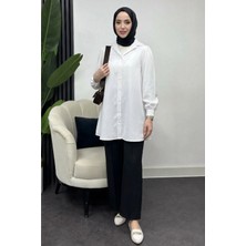 Tesettür Diyarı Kadın Dökümlü Gömlek-Beyaz