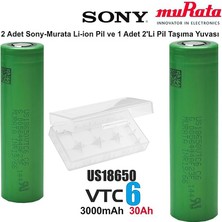 18650 Şarjlı Pil Murata Vtc6 3.7V 3000MAH Li-Ion Yüksek Kapasiteli Batarya 10 Lu + Pil Taşıma Kutusu