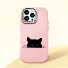 HONTINGA iPhone 14 Pro ile Uyumlu Kılıfı Kamera Korumalı Düşüme Önleyici Basitlik Pembe Yumuşak Silikon Telefon Kılıfı Siyah Kedi Desenli K4-0240