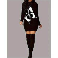 Gacha Kadın Uzun Kollu Bisiklet Yaka Kelebek Desenli Kısa Viskon Iki Iplik Elbise