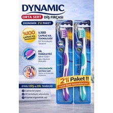 Epilons Dynamic Orta Sert Diş Fırçası 2 Adet Medium Çapraz Kıl Teknolojili Dil Temizleyicili Ergonomik Sapl