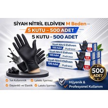Epilons Siyah Nitril Eldiven M Beden Pudrasız 5 Kutu Tek Kullanımlık Lateks Içermeyen Dayanıklı Koruyucu El