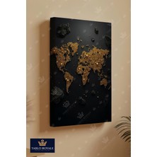 Tablo Royale Siyah Üzerine Gold Dünya Haritası Soyut Görsel Kanvas Tablo - Salon Tablo