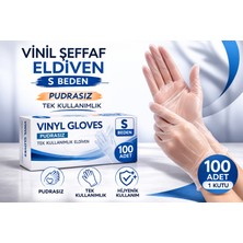 Epilons Vinil Şeffaf Eldiven S Beden 100’LÜ Kutu Tek Kullanımlık Şeffaf Vinil Muayene Eldiveni Pudrasız