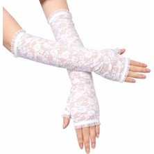 AyrStore Buğz Uzun Zarif Dantel Eldiven Parmaksız Beyaz 35 cm