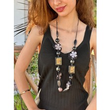 Gönülden Tasarım Etnik Çiçekli Bambu Boncuklu Kadın Kolye 40 cm