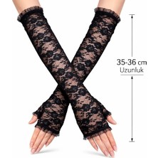Flamex Uzun Zarif Dantel Eldiven Parmaksız Siyah 35 cm