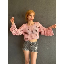 Gönülden Tasarım Açık Pembe File Örme Kadın Crop Bluz