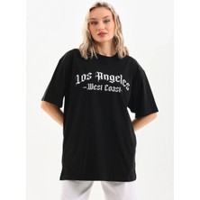 Kadın Baskılı Tişort Kısa Kol Bisiklet Yaka Ovarsize T-Shirt -  Siyah