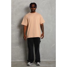 Erkek Düz Yazlık Kısa Kol Tişort Bisiklet Yaka Ovarsize T-Shirt -  Bej