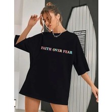 Kadın Baskılı T-Shirt Kısa Kol Bisiklet Yaka Ovarsize Rahat Kalıp Tişört -  Siyah