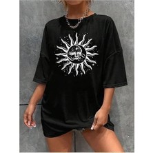 Kadın Baskılı T-Shirt Kısa Kol Bisiklet Yaka Regular Fit Rahat Kalıp Tişört - Siyah