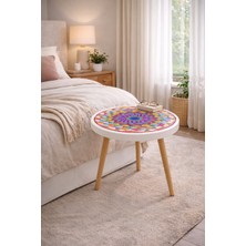 Boyut Modern Geometrik Desenli Yuvarlak Sehpa – 42X42 cm Beyaz Kenarlı Ahşap Ayaklı Orta Sehpa