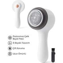 MegaSepet Mey Ithalat® 6 Bıçaklı Şarjlı Tüy ve Tiftik Temizleme Makinesi Beyaz Yuvarlak Tasarım Yedek Bıçaklı