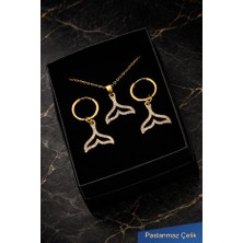 Trend Collection Kadın Zirkon Taşlı Deniz Kızı Kuyruğu Figürlü Çelik Kolye Küpe Takı Seti - Altın Renk