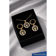 Trend Collection Hayat Ağacı Çelik Kolye Küpe Seti – Zirkon Taşlı Altın Renk Kadın Takı Seti