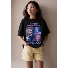 Little Aden Kpop Demon Hunters Huntrix Kısa Kollu Baskılı Kız Çocuk Oversize Tişört